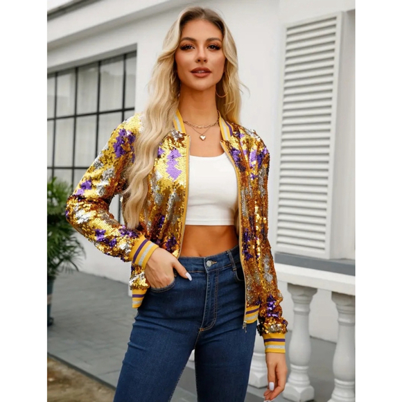Boutique Jackets & Blazers - Gold, Purple and Silver Sequins Bomber Jacket